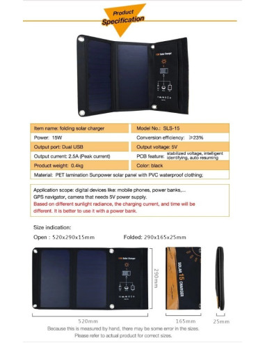 Imagen de Panel Solar Plegable 15W - Ficha Tecnica