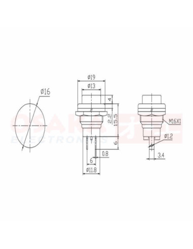 Imagen de Pulsador Redondo 12V Metal - vista con medidas