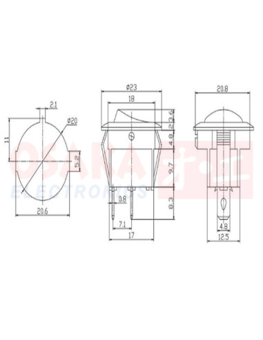 Imagen de Switch Balancin Redondo Piloto Rojo IRS-101-8C - vista medidas