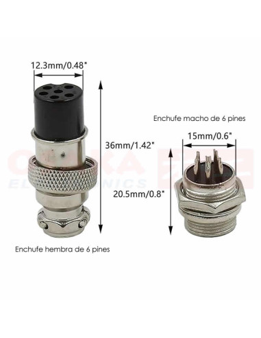 Imagen de Conector Metálico GX16 6 Pines Juego - vista con medidas