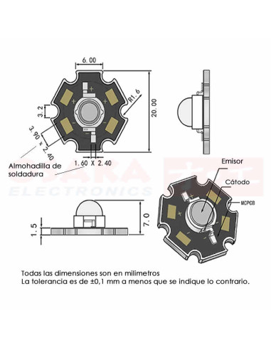 Imagen de Led 1W con Disipador Verde- vista con medidas