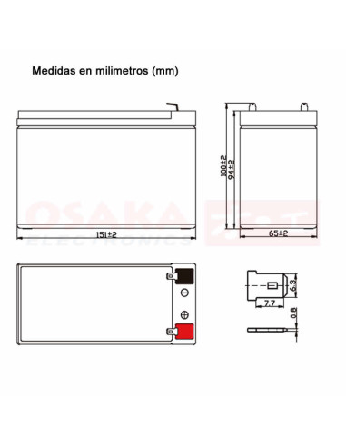 Imagen de Batería Seca AGM 12V 7.5A UP - vista medidas