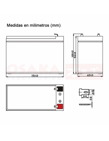 Imagen de Batería Seca AGM 12V 9A UP - vista con medidas
