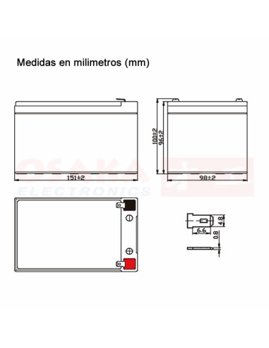 Imagen de Batería Seca AGM 12V 12A UP - vista con medidas