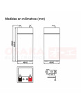 Imagen de Batería Seca AGM 4V 4.5A UP - vista con medidas