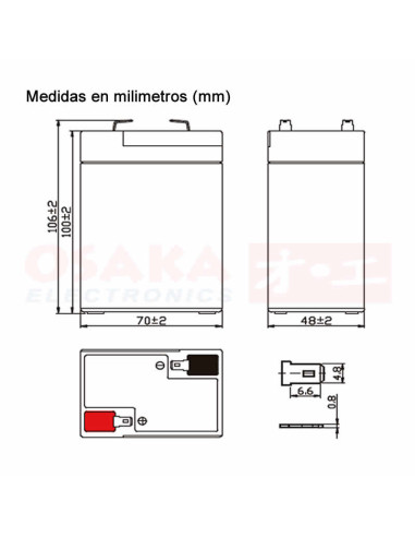 Imagen de Batería Seca AGM 6V 5A UP - vista con medidas