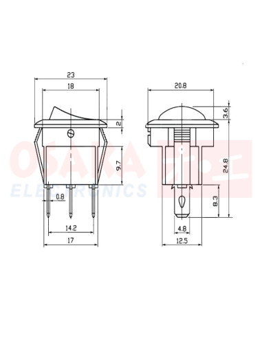 Imagen de Switch Balancin Redondo Negro RS-103-8C 3 pos 3 pines - vista medidas