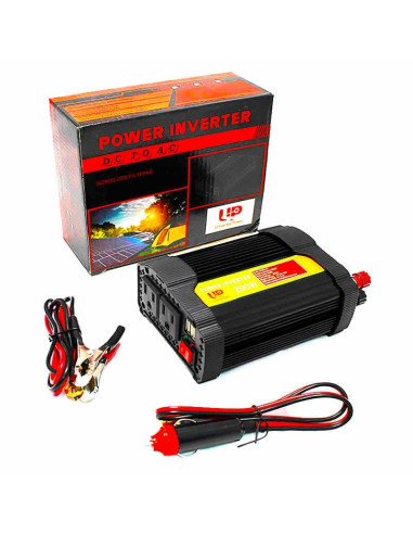 Imagen de Inversor de Voltaje 12V 200W Universal Power  en perspectiva con cables de iniciar y empaque