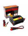 Imagen de Inversor de Voltaje 12V 200W Universal Power  en perspectiva con cables de iniciar y empaque Imagen de Inversor de Voltaje 12V 200W Universal Power  en perspectiva con cables de iniciar y empaque