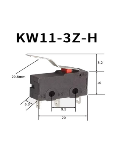 Imagen de MicroSwitch Pequeño 5A 250VAC Pala Curva KW11-3Z-H - vista medidas